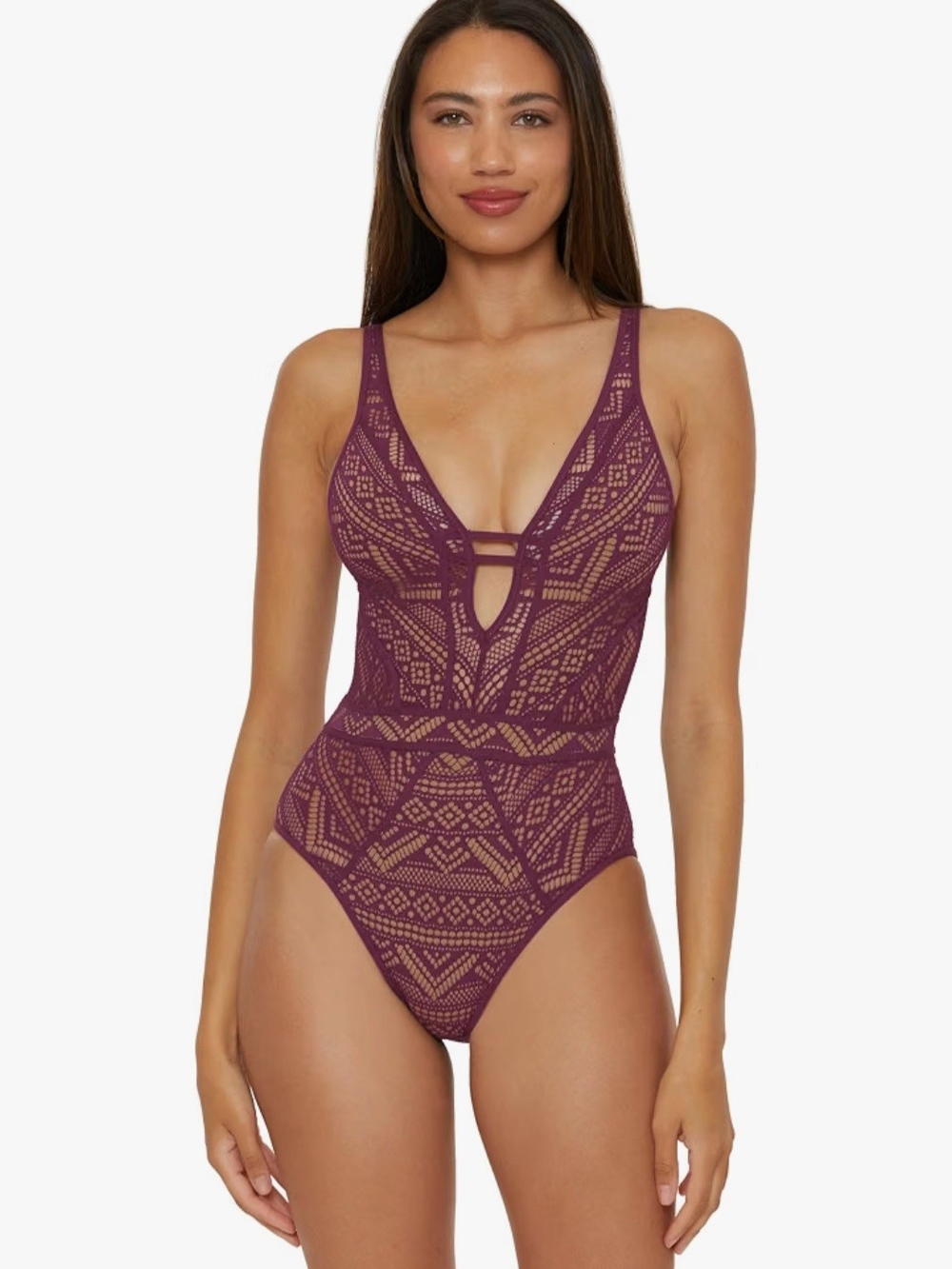 BECCA Purple Crochet Lace One Piece Swimsuit Boho Plunge Tie Back M